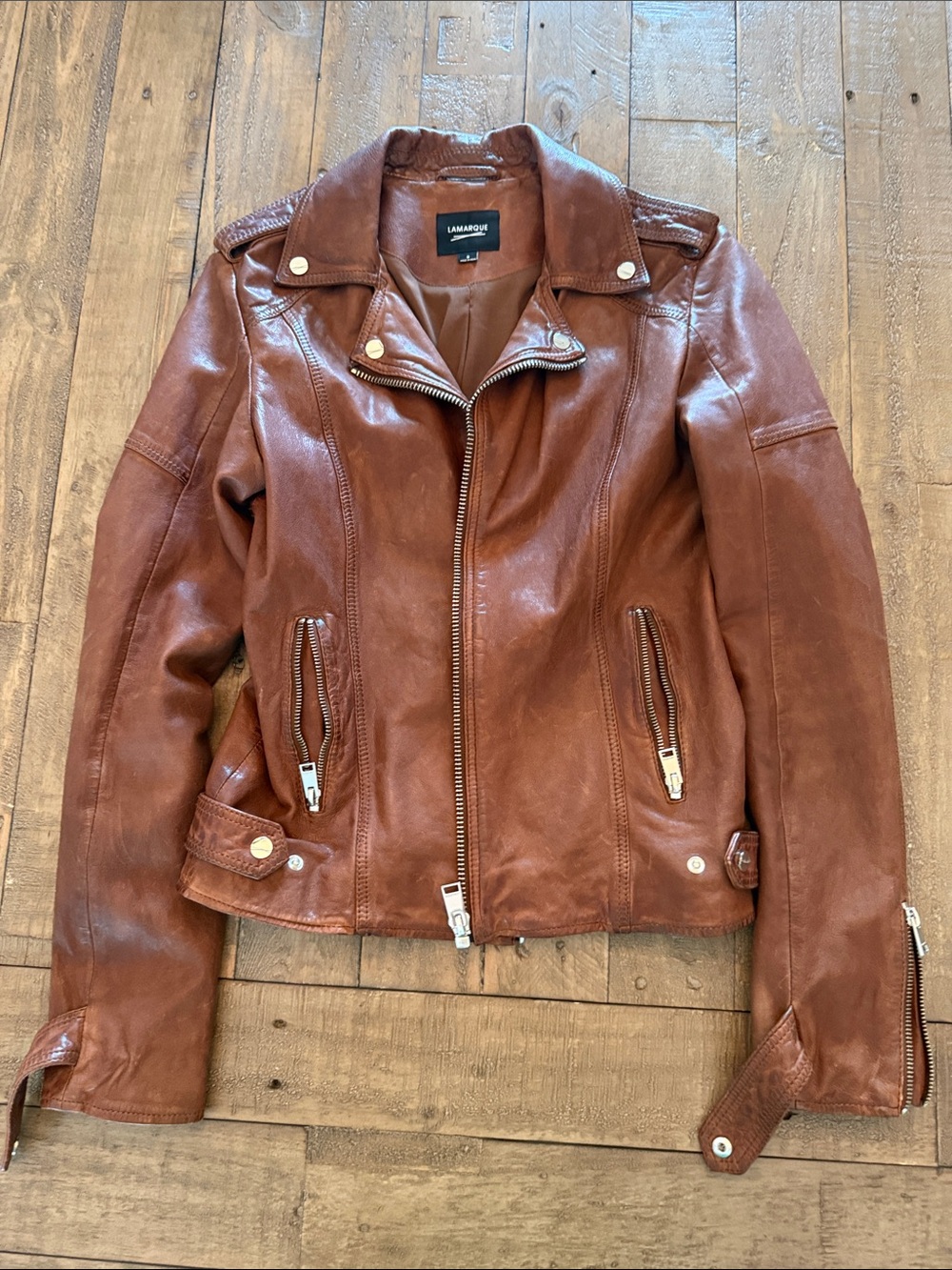 Lamarque Cognac Leather Moto Jacket with Silver Hardware